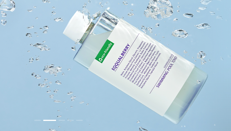 EQQUALBERRY Swimming Pool Toner bottle surrounded by water bubbles