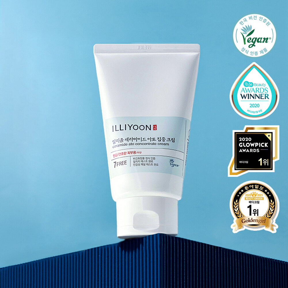 Illiyoon Ceramide Ato Concentrate Cream tube with vegan and beauty award badges