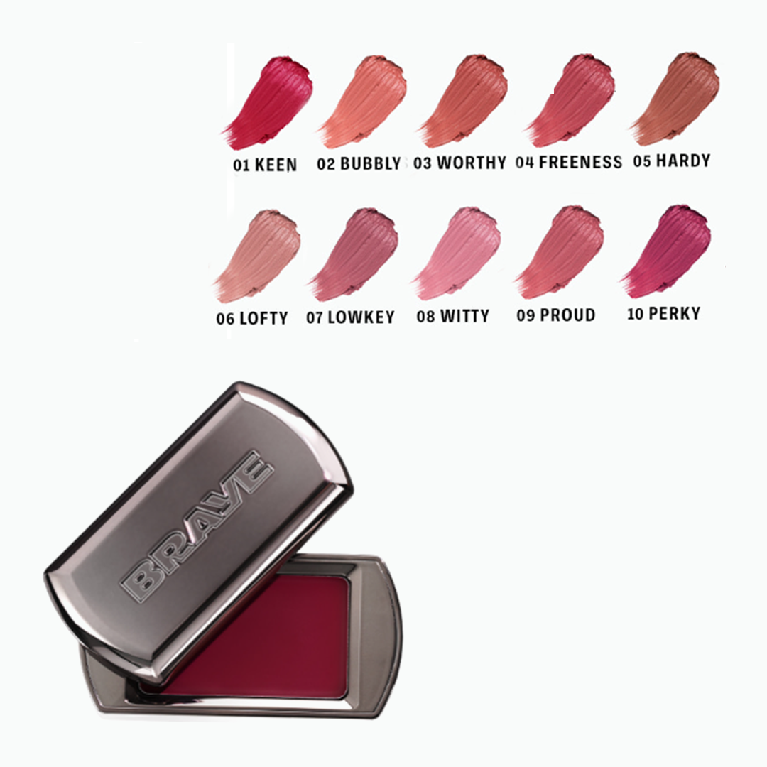 Braye lip balm compact with ten shade swatches from 01 Keen to 10 Perky